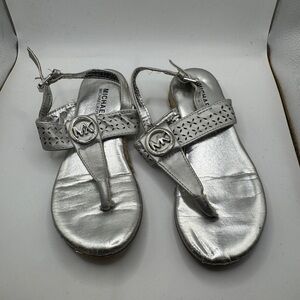 Michael Kors Toddler Size 11 Girls Silver MK Medallion Formal Sandals